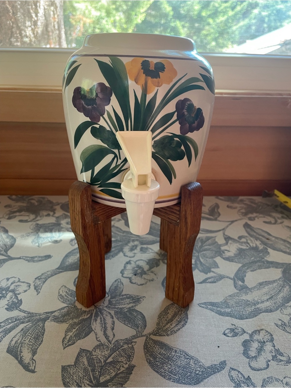 Ceramic Floral Beverage Dispenser in White with Green and Purple Accents